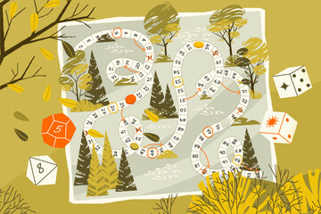 Kids board game. Cartoon children playing snakes and ladders game, funny group of people on ladder and animals on snakes back. Vector board game illustration © Tartila