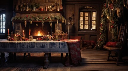 Christmas decorated interior of a country house with a fireplace and traditional Christmas tablecloths and decorations