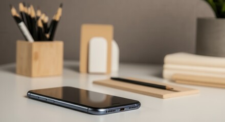 Modern smartphone on office desk with stationery decor