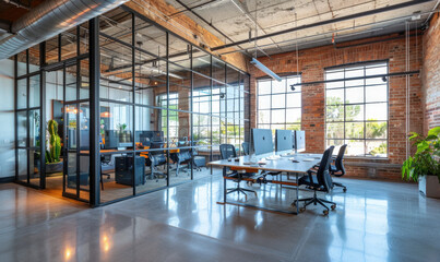 Sunlight streams through the large windows of this modern office space, illuminating the polished concrete floor and the sleek, minimalist furniture