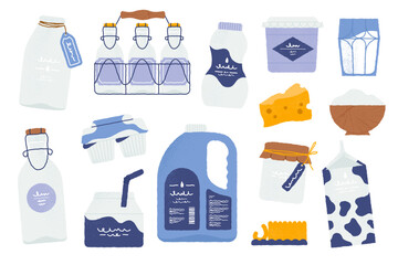 Dairy products. Milk, butter, yogurt and cheese icons, organic glass and plastic bottles of milk, fresh cottage cheese and sour cream. Vector flat set