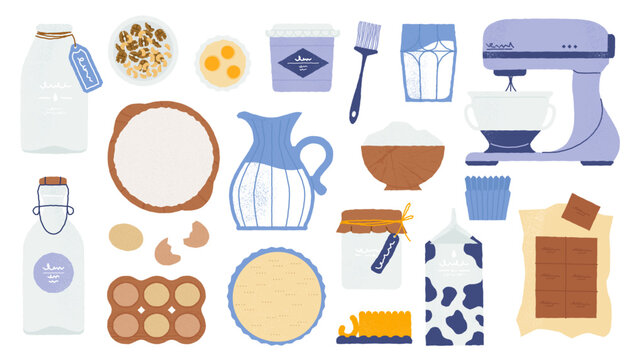 Bakery ingredients. Cartoon kitchen utensils and baking tools with flour sugar eggs butter and vanilla, cooking equipment flat style. Vector set