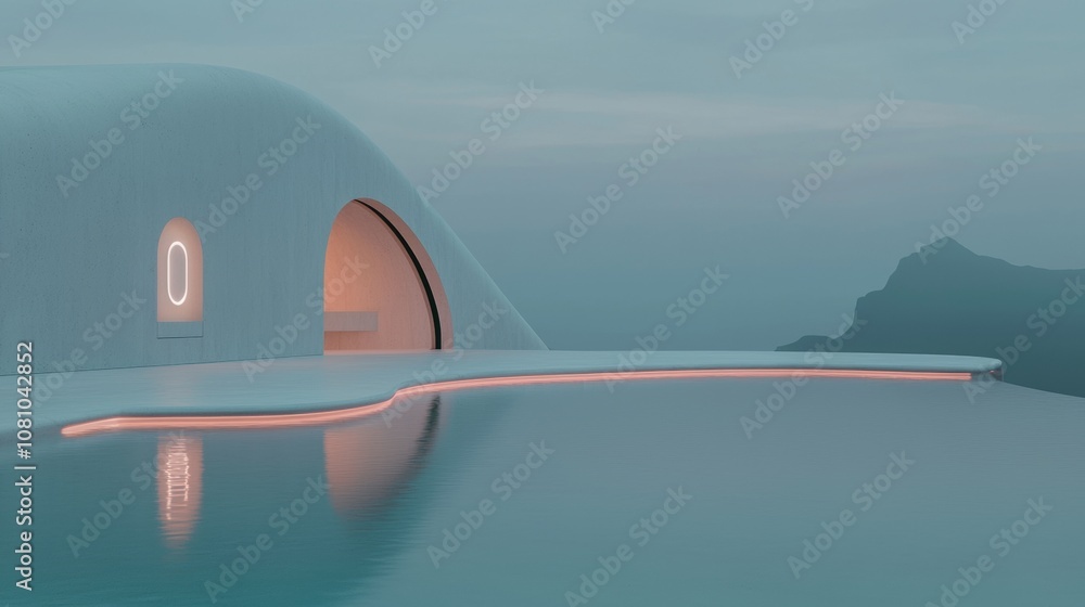 Poster a white building with a large window and a pool in front of it