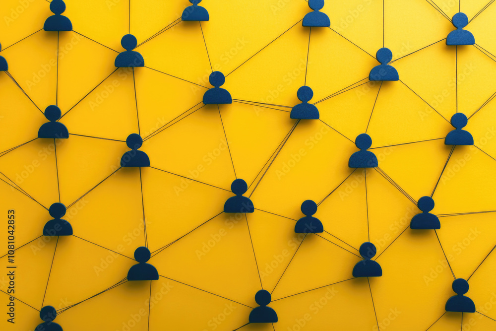 Poster a vibrant yellow backdrop is adorned with a complex network of interconnected figures, representing 