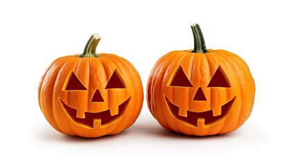Two Halloween Carved Pumpkins on White Background
