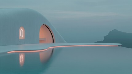 A white building with a large window and a pool in front of it