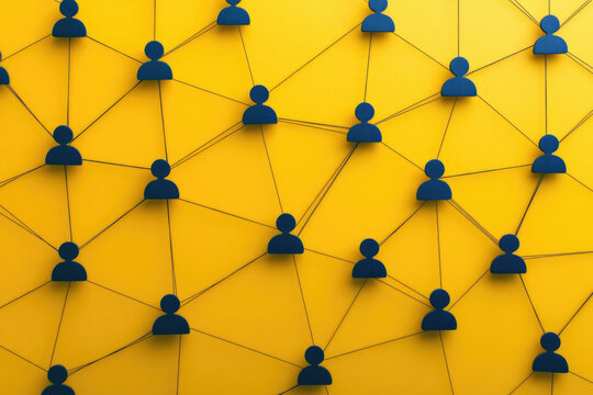 A vibrant yellow backdrop is adorned with a complex network of interconnected figures, representing a community bound by shared connections