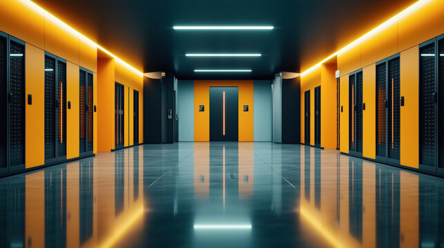 Modern data center with sleek server racks and orange accents under bright overhead lighting, featuring reflective flooring and a central control door.