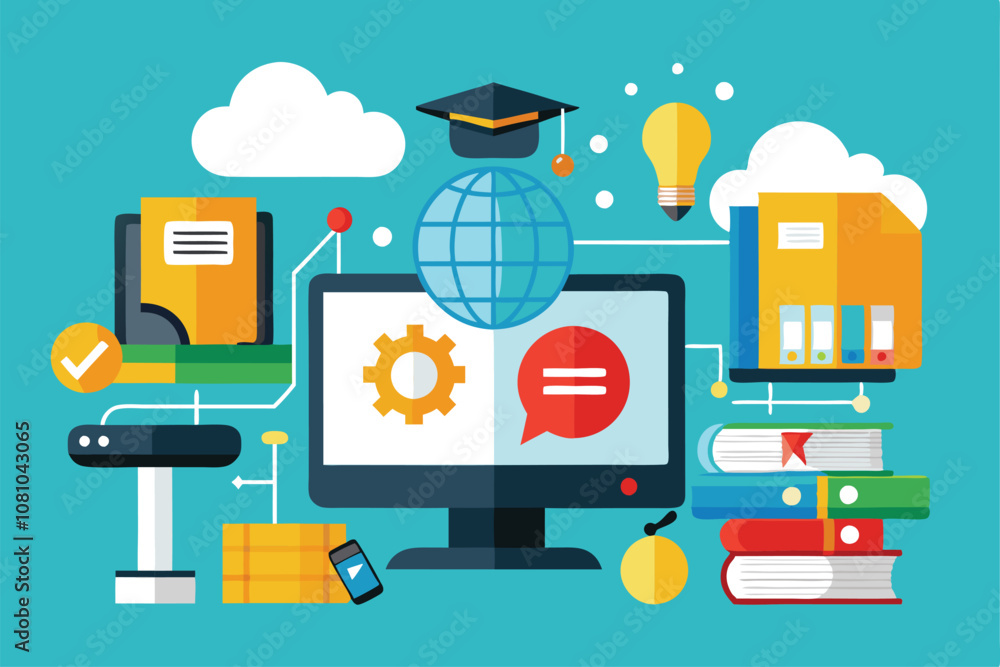 Poster a digital representation features a central computer with educational elements, emphasizing online l