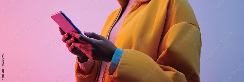 Poster close up of a young woman's hands holding and using a smartphone, illuminated by vibrant neon lights
