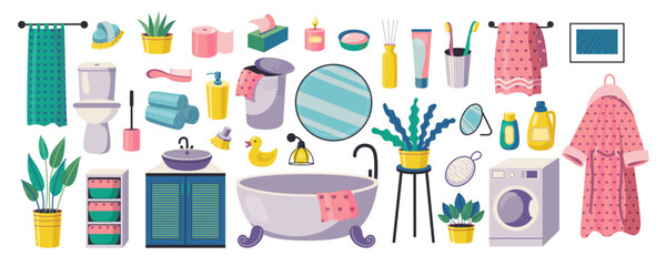 Bathroom accessories. Cartoon cute hygiene items and furniture, home bathtub toilet sink with towels bubble bath. Vector bathroom interior isolated set.