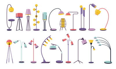 Floor lamps. Modern standing light equipment with different shades, home and office interior illumination, contemporary decorative objects. Vector isolated set.
