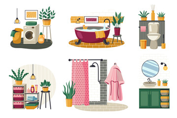 Bathroom and toilet cartoon interiors. Modern home washroom with bathtub and toilet, cozy scandinavian flat design hygiene room. Vector isolated set