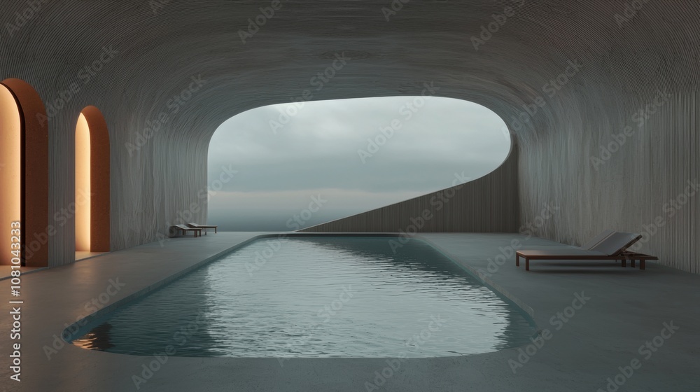 Poster a pool with a bench in front of it