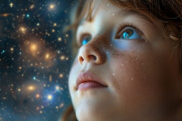 A young child with blue eyes and a thoughtful expression looks upward, captivated by the vast and colorful expanse of the universe