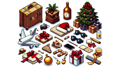 pixel art style Illustration against light background with space for text, isometric