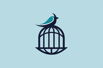 A minimalist design of a bird cage with a perched bird against a soft blue background, A clean and simple design featuring a bird cage, minimalist simple modern vector logo design