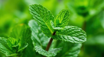 Fresh mint leaves closeup with vibrant green colors