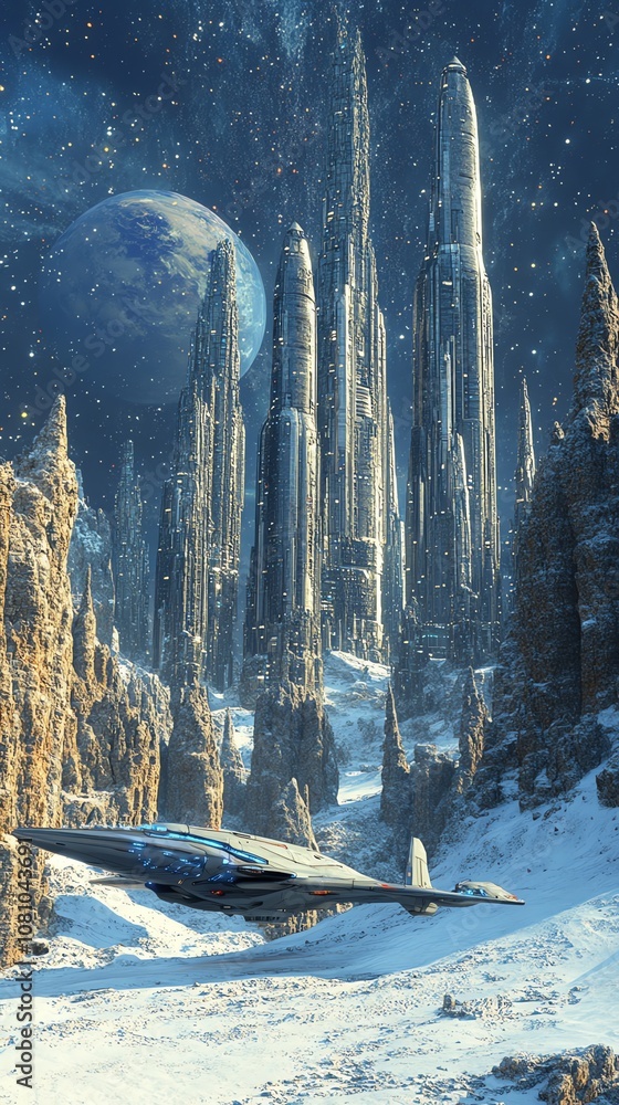 Poster a futuristic city with tall buildings and a spaceship on a snowy landscape with a large planet in th
