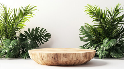 A wooden platform sits in front of a white wall, surrounded by leafy green plants, creating a natural and inviting setting