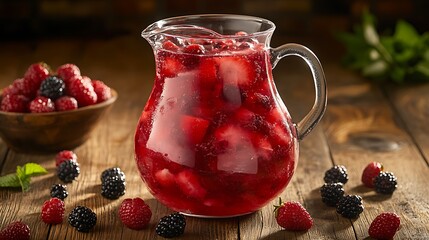 A vibrant berry punch in a clear pitcher, surrounded by assorted berries, in a festive atmosphere