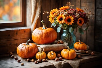 Bunch of pumpkins on a table, Ai generated