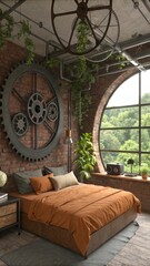 Contemporary industrial bedroom design featuring exposed brick, upcycled gear decor, and vibrant foliage