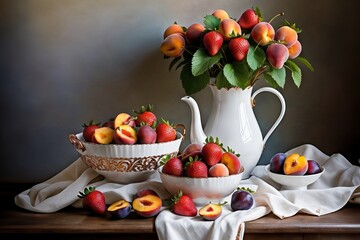 Still Life of Strawberries, Peaches, and Plums. AI Generated