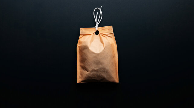 Brown paper bag with a white string tie closure against a black background
