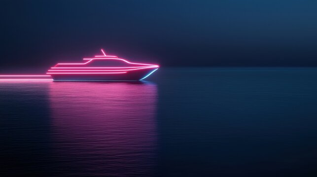 A boat is lit up in neon colors and is floating on the water