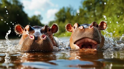 Pair of hippopotamuses playing energetically in a river, their joyful splashes and expressions set against a lively background of natural greenery and clear skies.