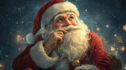 Portrait of Santa Claus looking thoughtful, surrounded by snowflakes