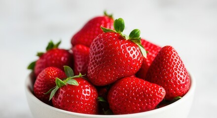 Fresh ripe strawberries in white bowl on light background