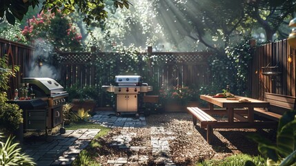 A backyard with a grill, picnic table, and lush greenery, bathed in morning sunlight.