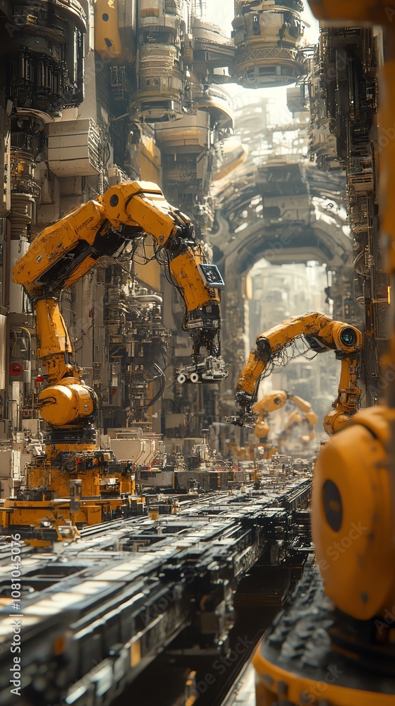 Poster A futuristic factory with robotic arms working in a complex and intricate environment.