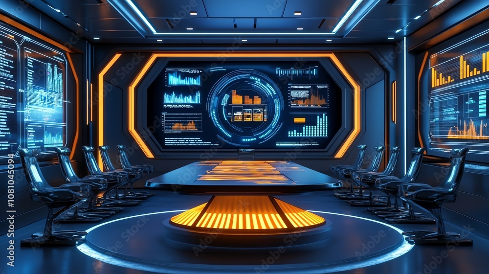 Poster A futuristic conference room with a large screen displaying data and charts.