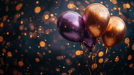 These vibrant glittery balloons in purple and gold are set against a blurred background with golden sparkles creating a festive atmosphere.