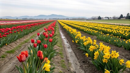 Fototapeta premium Rows of tulips and daffodils stretching as far as the eye can see, growth, beautiful, petals, colorful