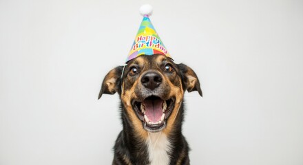 Excited dog wearing happy birthday hat on white background