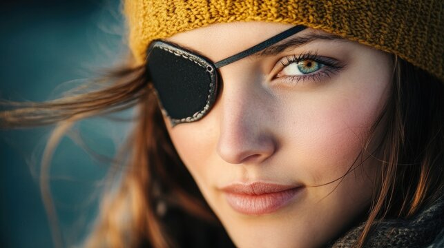 Close-up portrait of a young woman wearing a black leather eye patch and mustard yellow knit hat