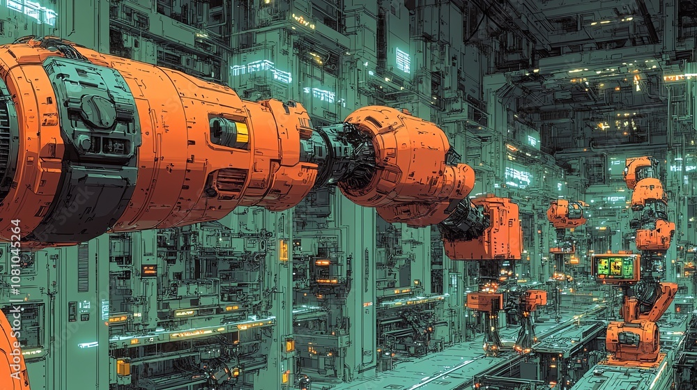 Aufkleber a futuristic factory with robotic arms working on an assembly line.