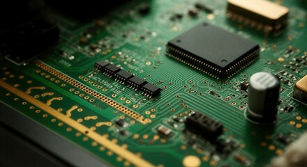 Close-up of electronic circuit board with microchips components