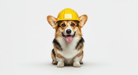 Playful corgi dog wearing yellow construction helmet on white background