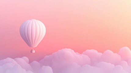 Obraz premium A white hot air balloon is flying through a pink sky