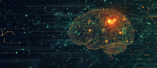 Abstract illustration of a glowing brain with a digital circuit board background.