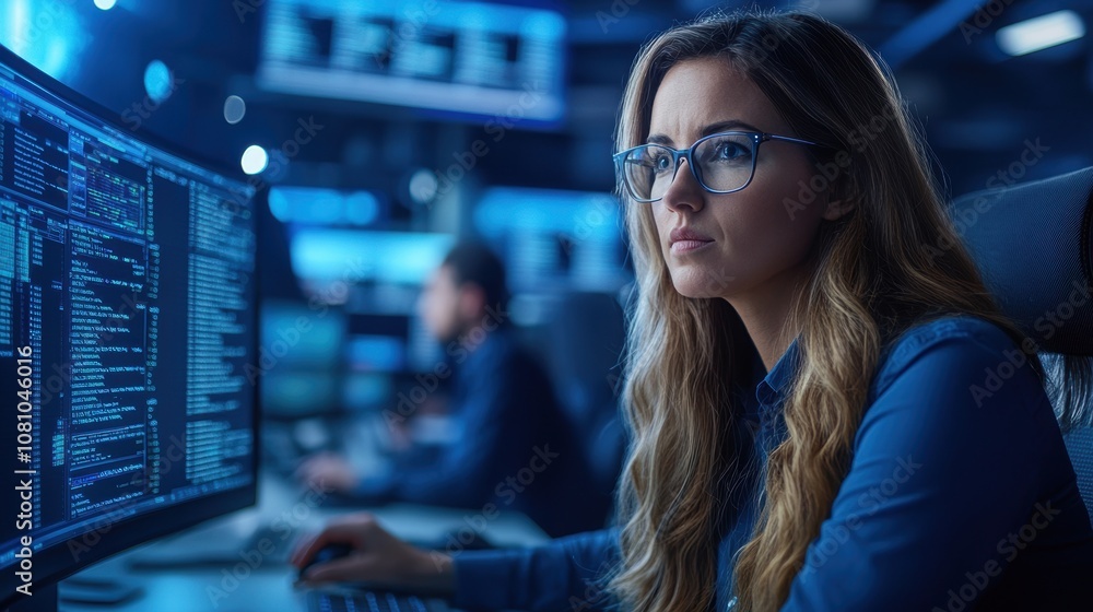 Poster a dedicated woman is intently reviewing complex data on several computer monitors in a contemporary 