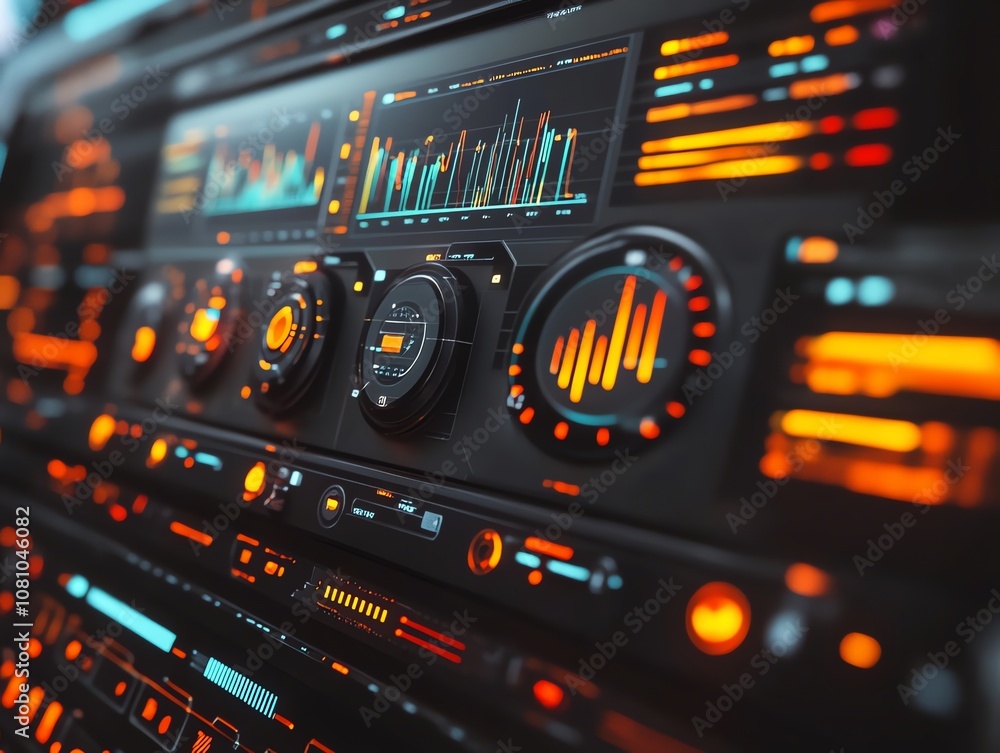 Poster a futuristic user interface with a variety of colorful gauges and dials.