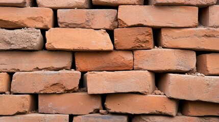 Fototapeta premium arrangement of red bricks highlights their texture and color differences, reflecting the rustic charm of building materials in a well-lit environment