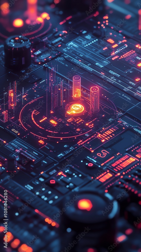 Poster a futuristic, abstract rendering of a glowing, technological circuit board with red and blue lightin