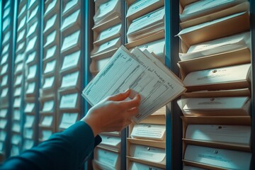 Exploring the meticulous organization of records in a vintage filing system. Generative AI